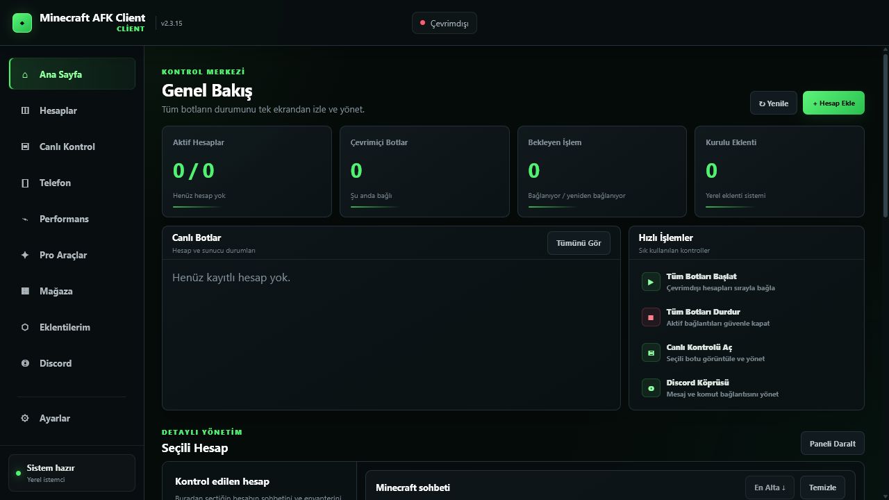 Minecraft AFK Client kontrol paneli